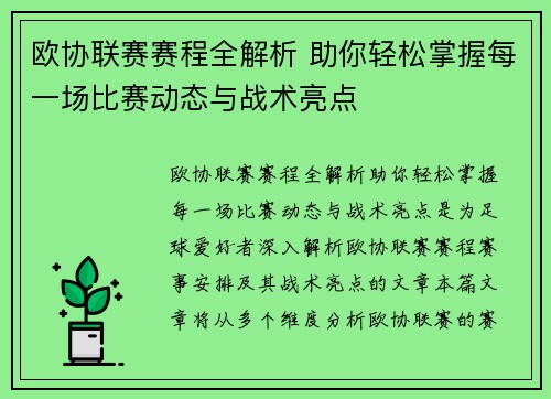 欧协联赛赛程全解析 助你轻松掌握每一场比赛动态与战术亮点 欧协联赛赛程全解析 助你轻松掌握每一场比赛动态与战术亮点